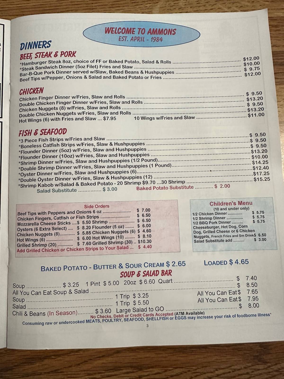 Menu at Ammons' Drive Inn & Dairy Bar, Waynesville