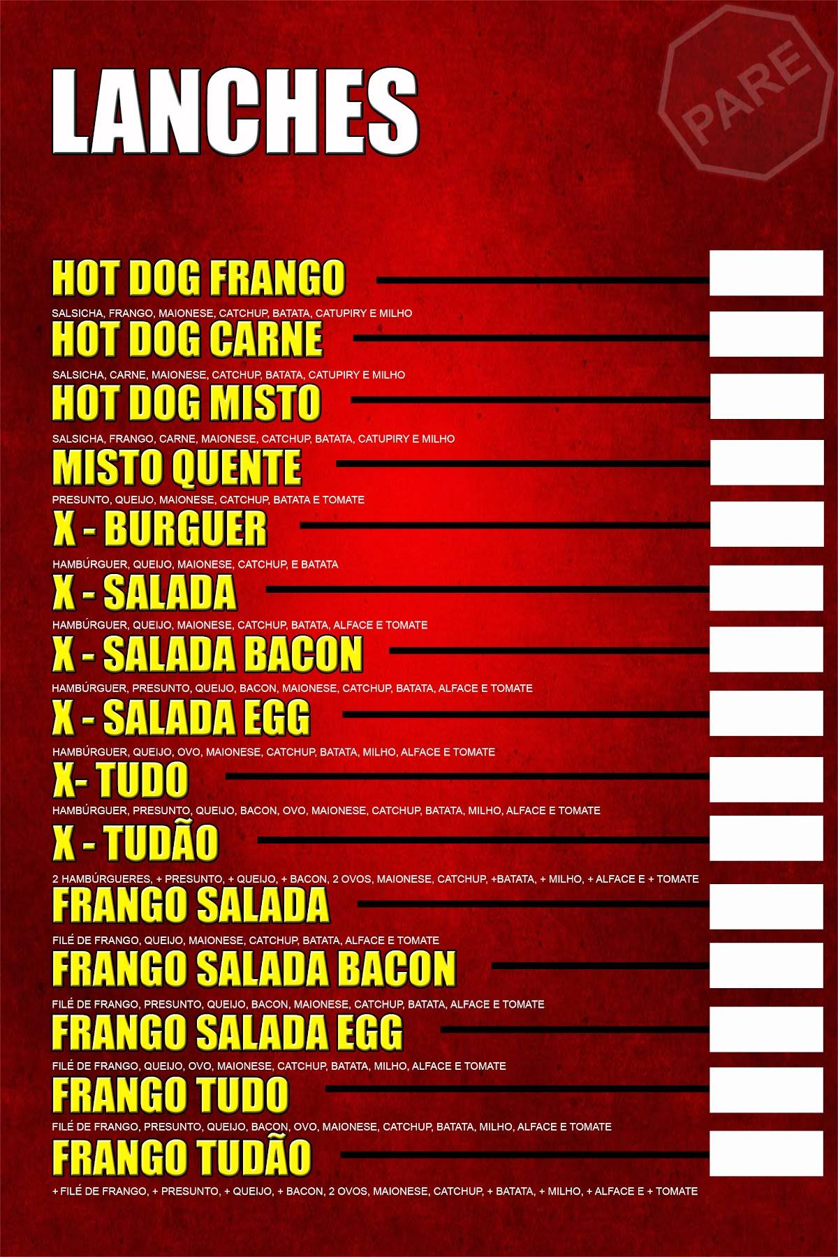 Lanchonete Parada Obrigatória cardápio