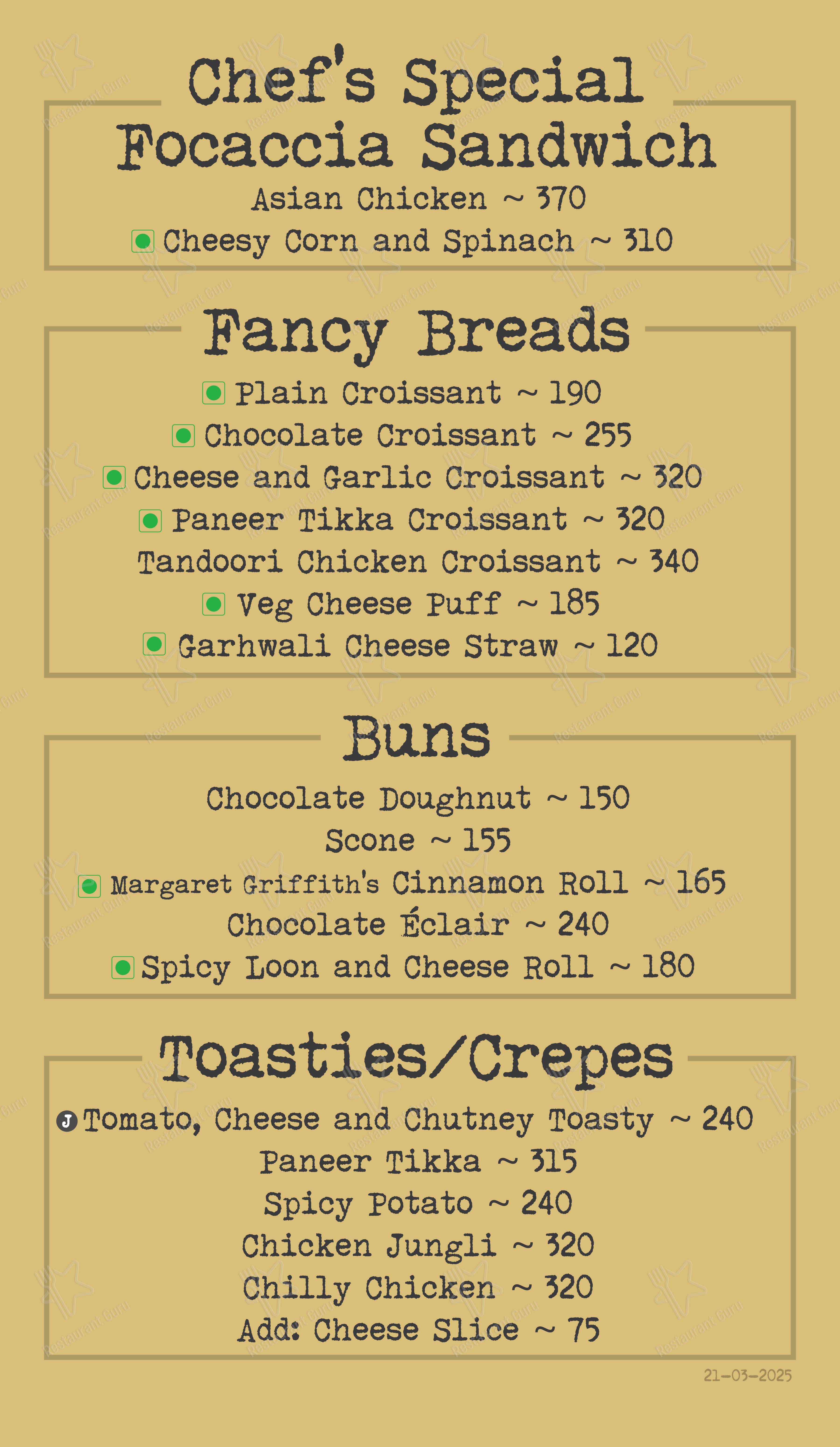 Menu for Landour Bakehouse in Mussoorie