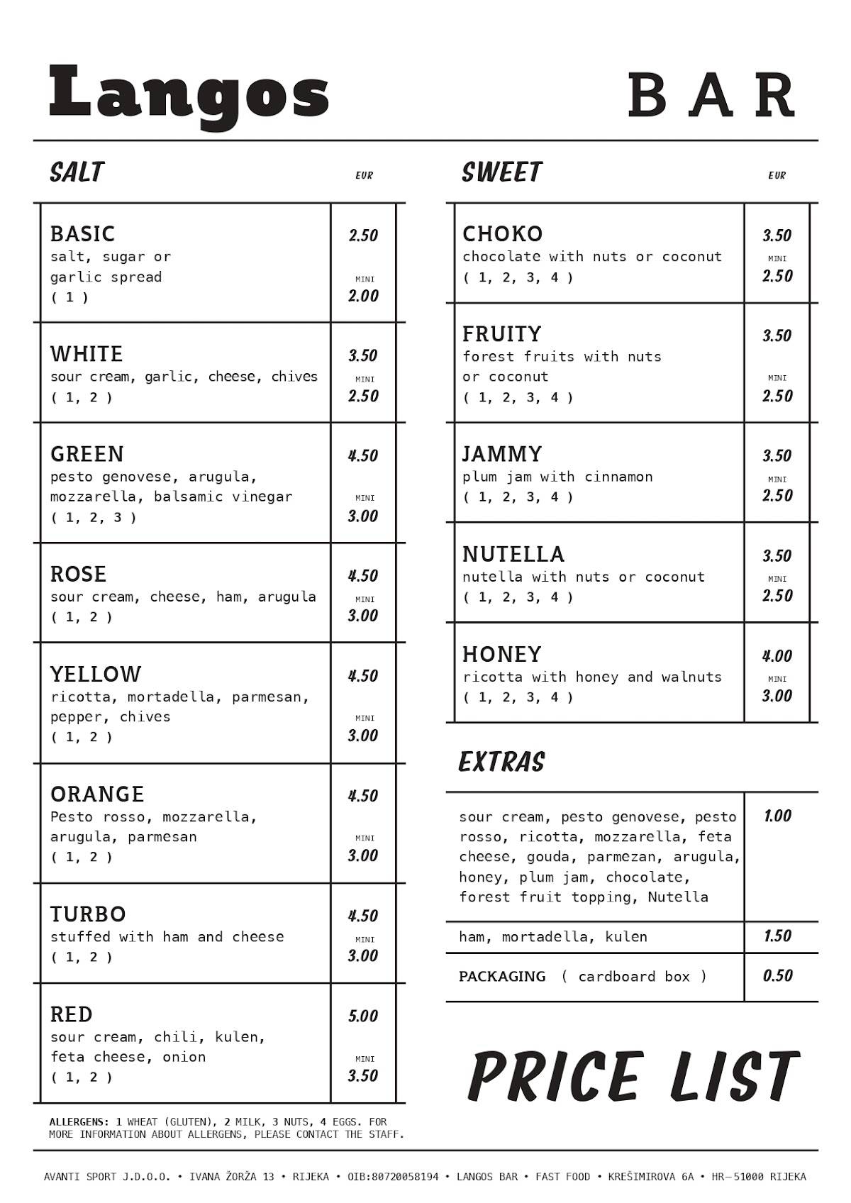 Menu di Langos bar Rijeka 