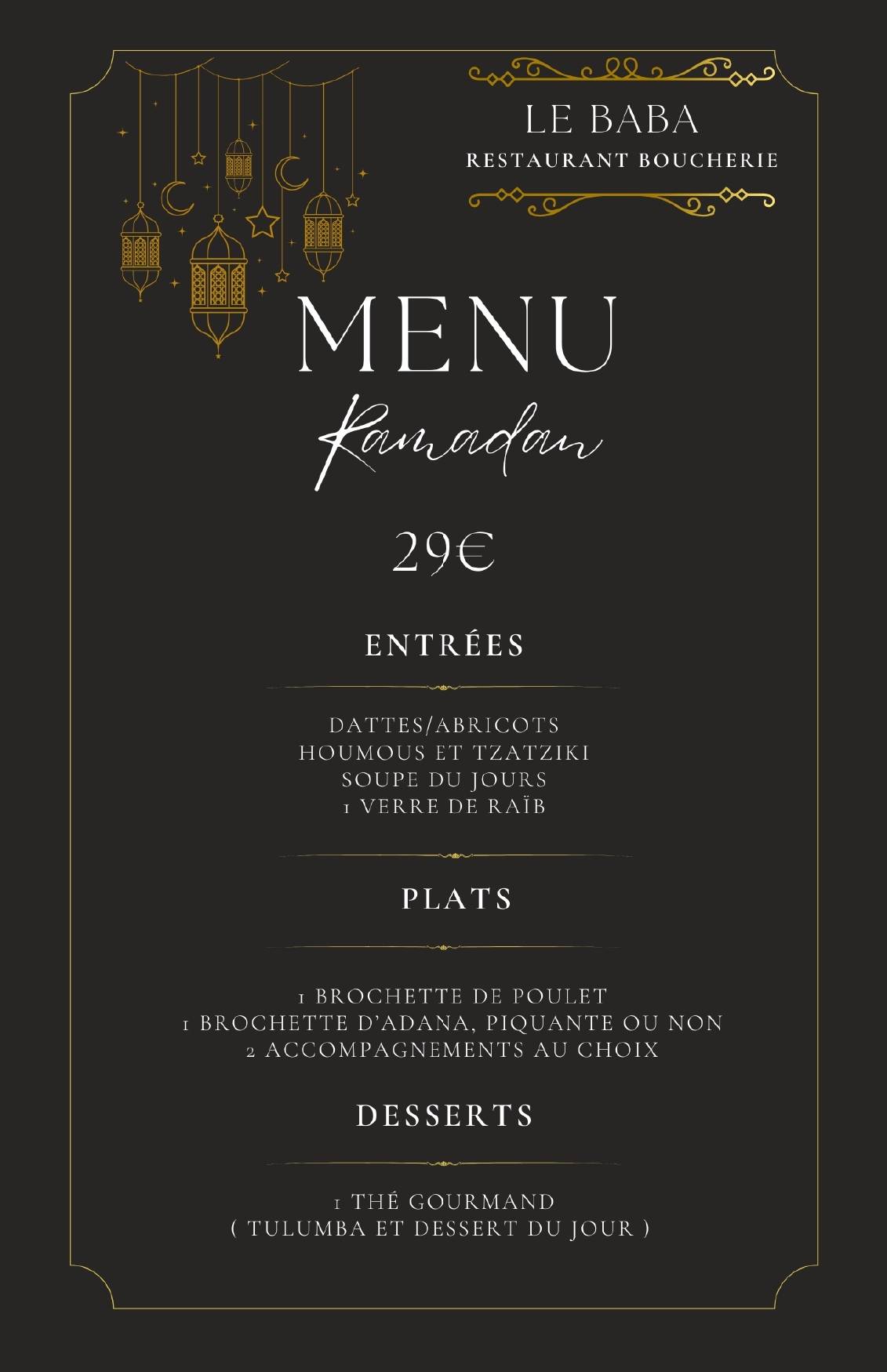 Menu de Le Baba - Restaurant - Grillades - Steak house - Boucherie