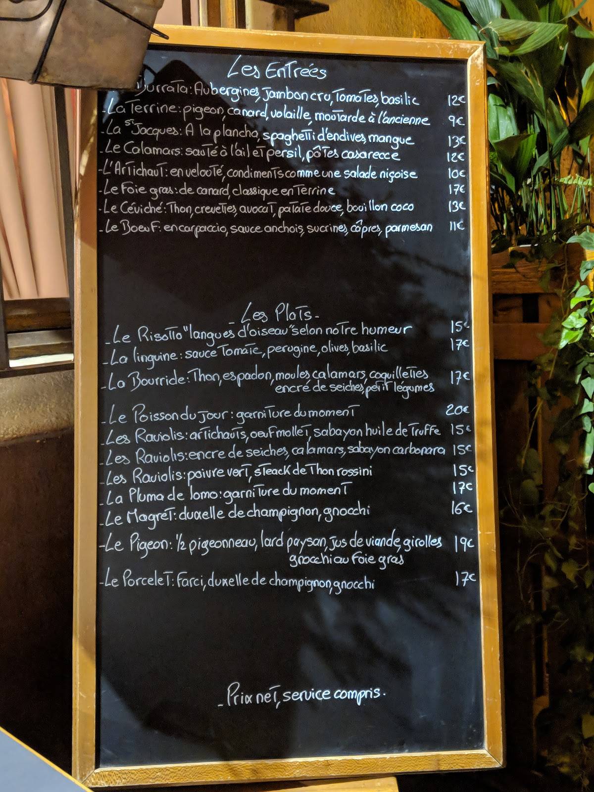 Menu at Le Bar des Oiseaux, Nice