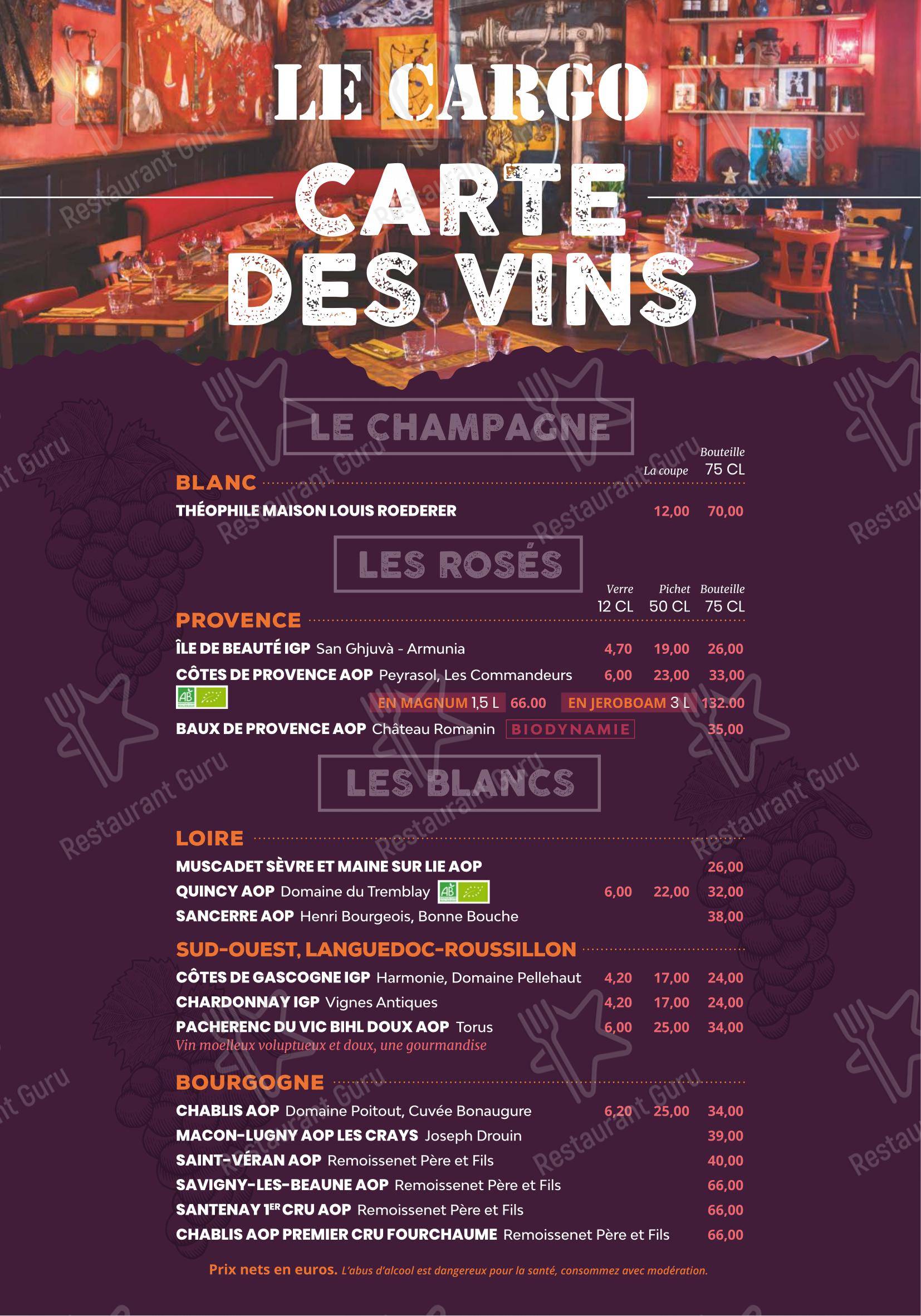 Menu bar pour Le Cargo restaurant