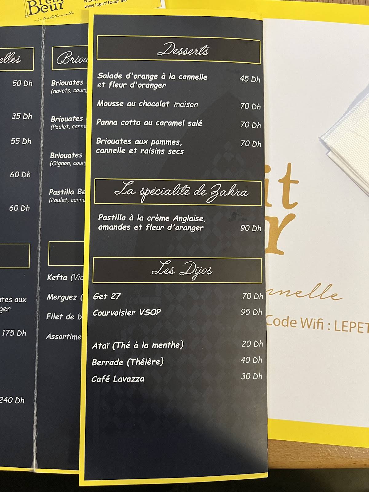 Menu de Le Petitbeur