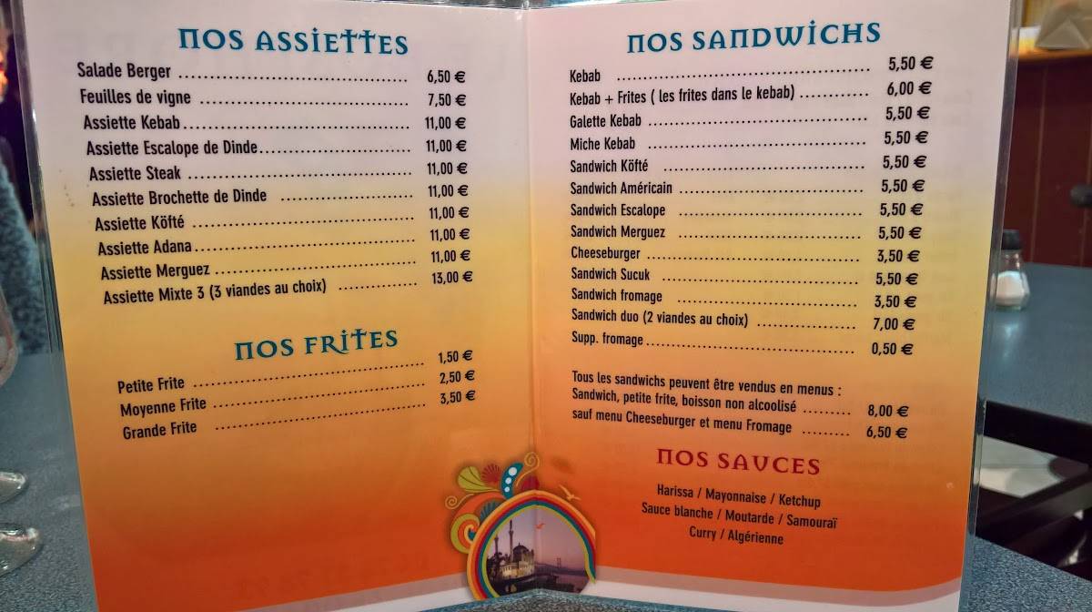 Menu au Le Bosphore fast food, Le PontdeBeauvoisin