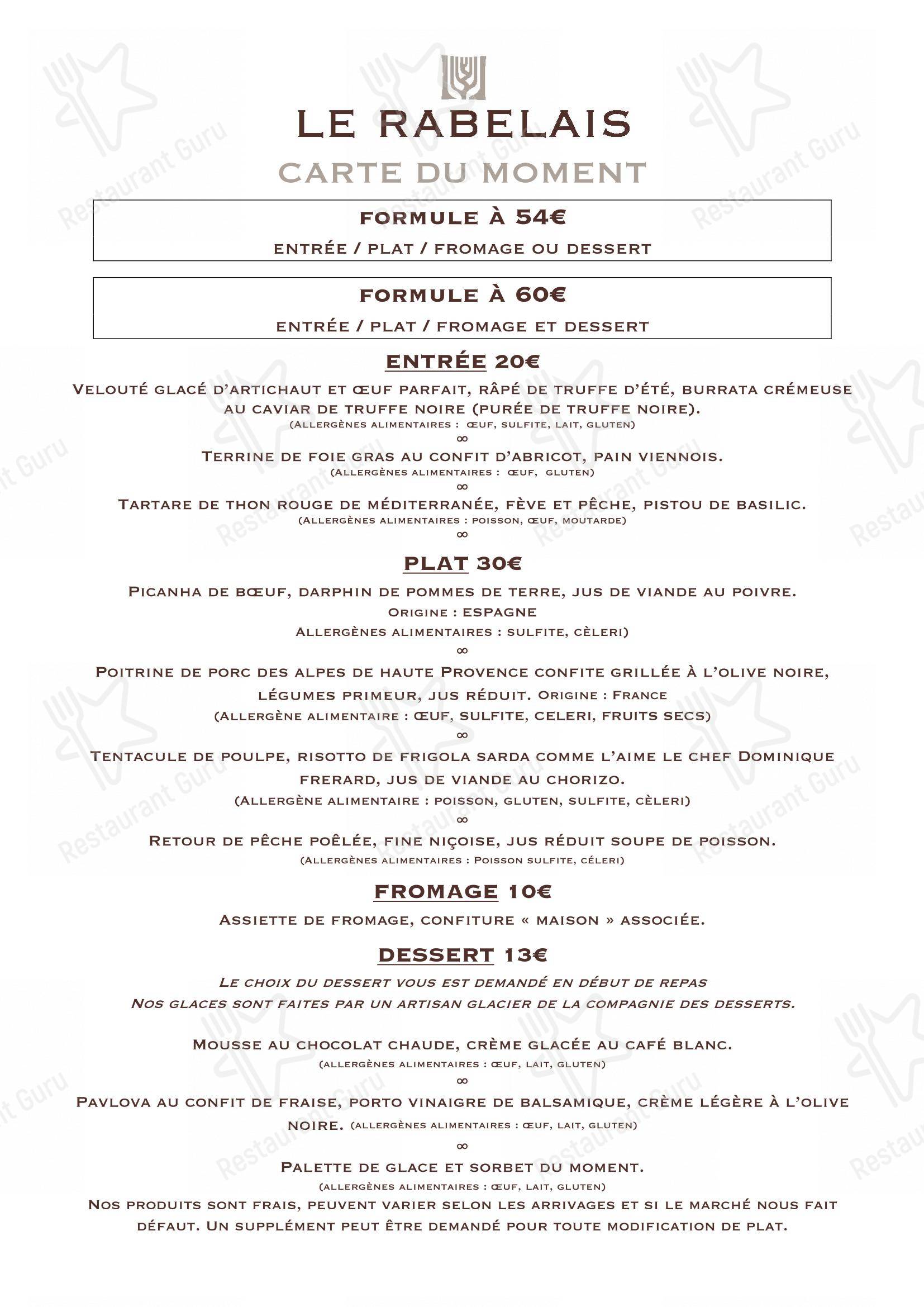 Menu pour le rabelais restaurant