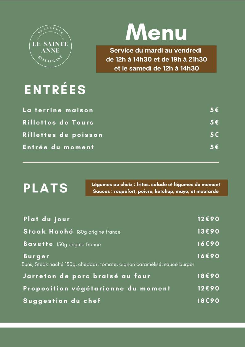 Menu de Le Sainte Anne