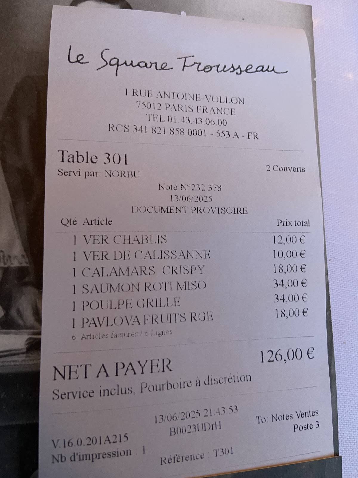Menu de Le Square Trousseau