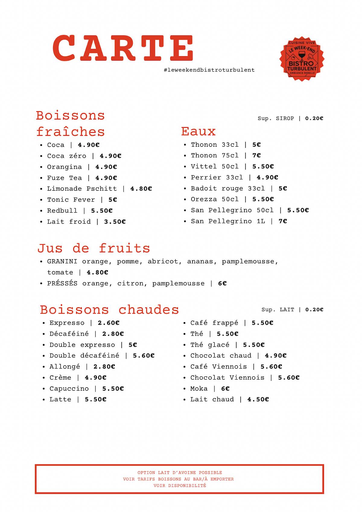 Menu de Le Week End Bistrot turbulent