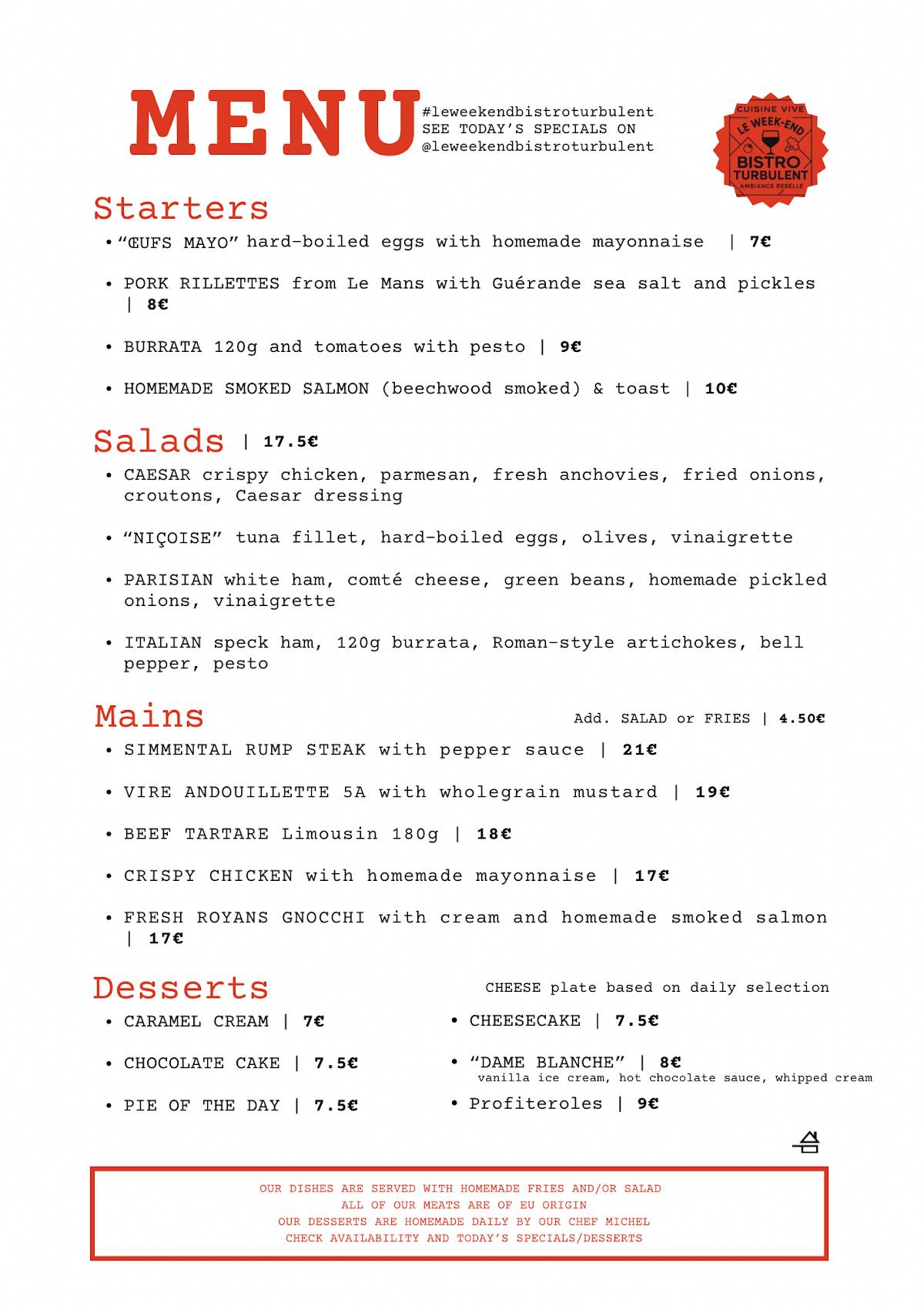 Menu de Le Week End Bistrot turbulent