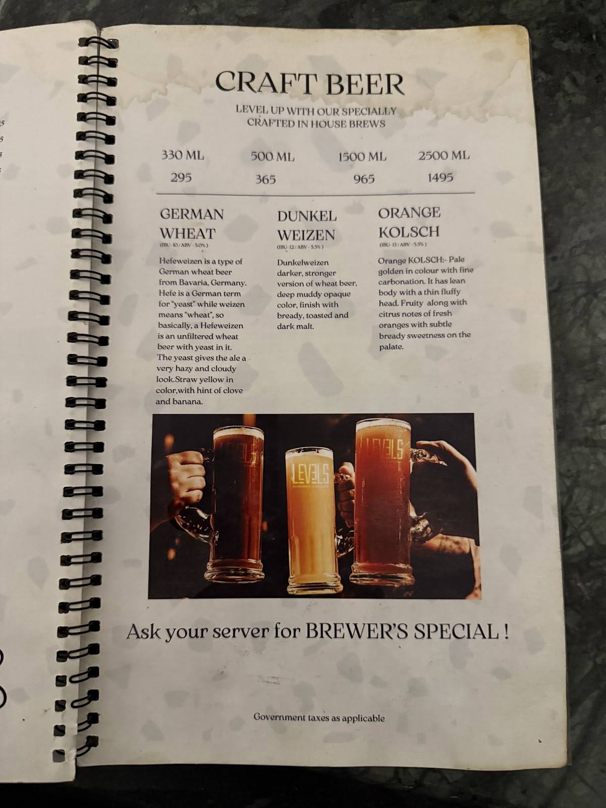 Levels Brewery menu