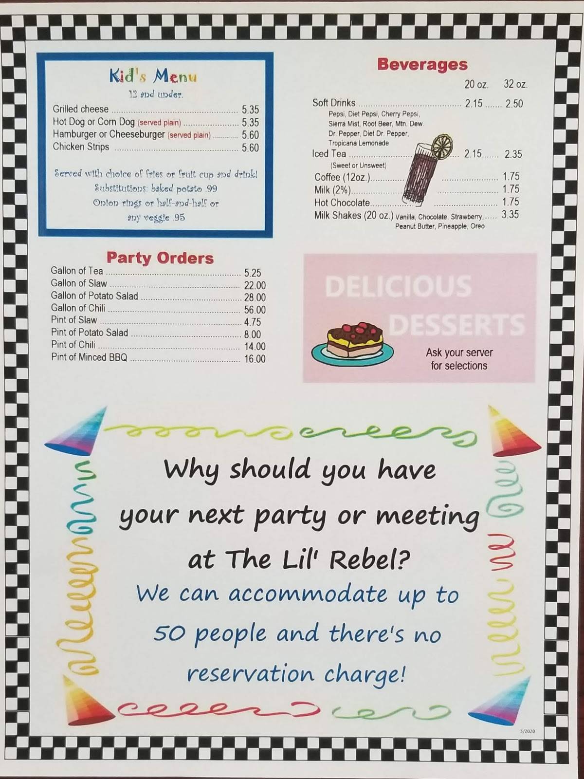 Menu at Lil Rebel Family Restaurant, Taylors