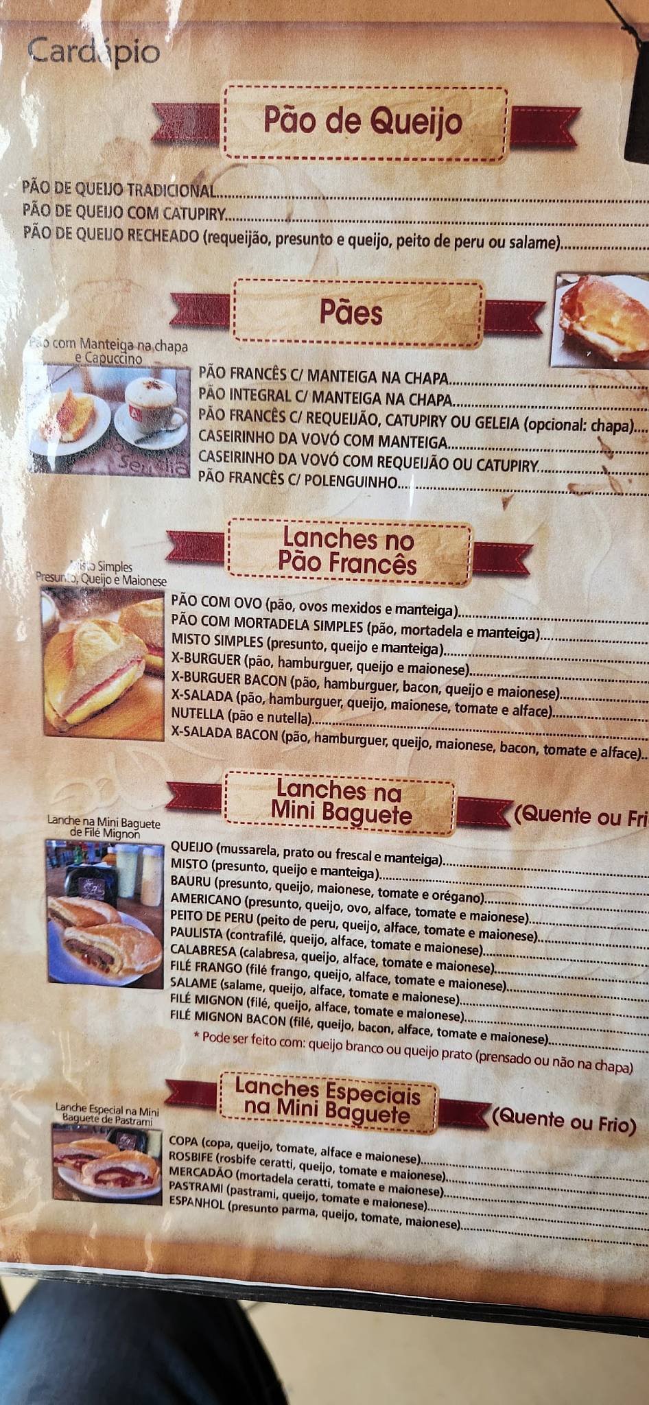 Café com Pão cardápio