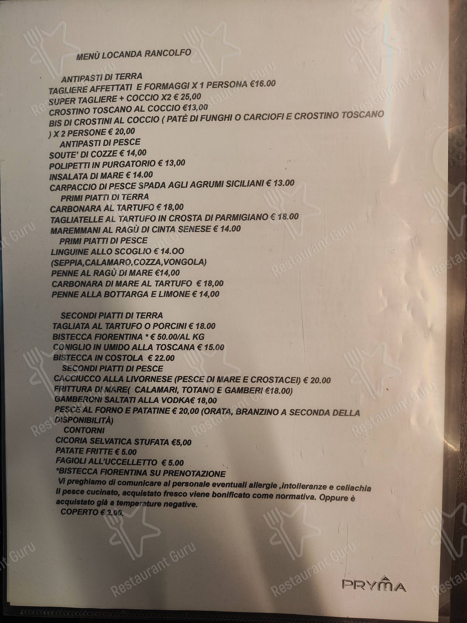 Menu di Locanda di Rancolfo - pasti e bevande