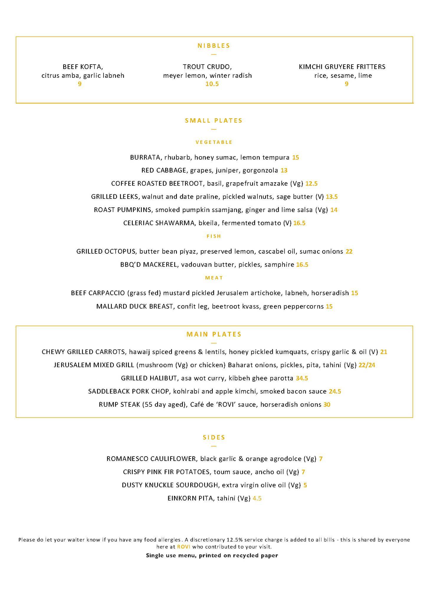 Menu at ROVI restaurant, London