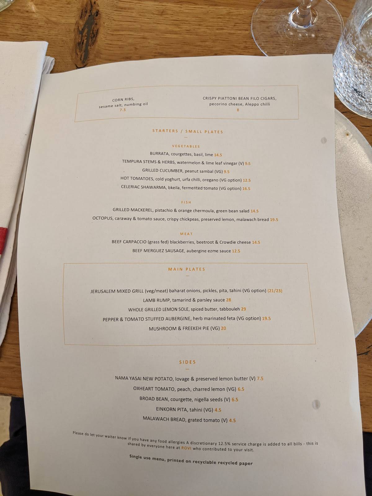 Menu at ROVI restaurant, London