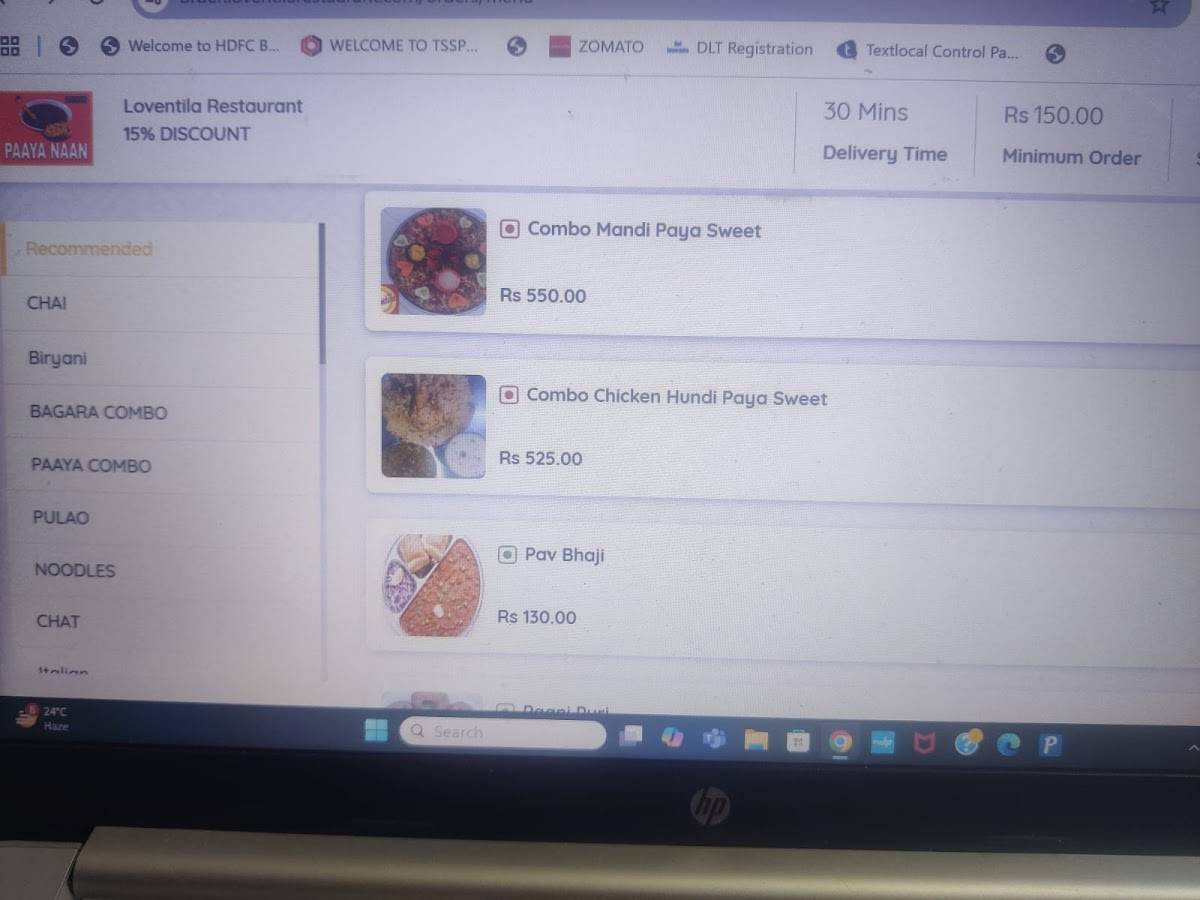 Loventila Restaurant menu