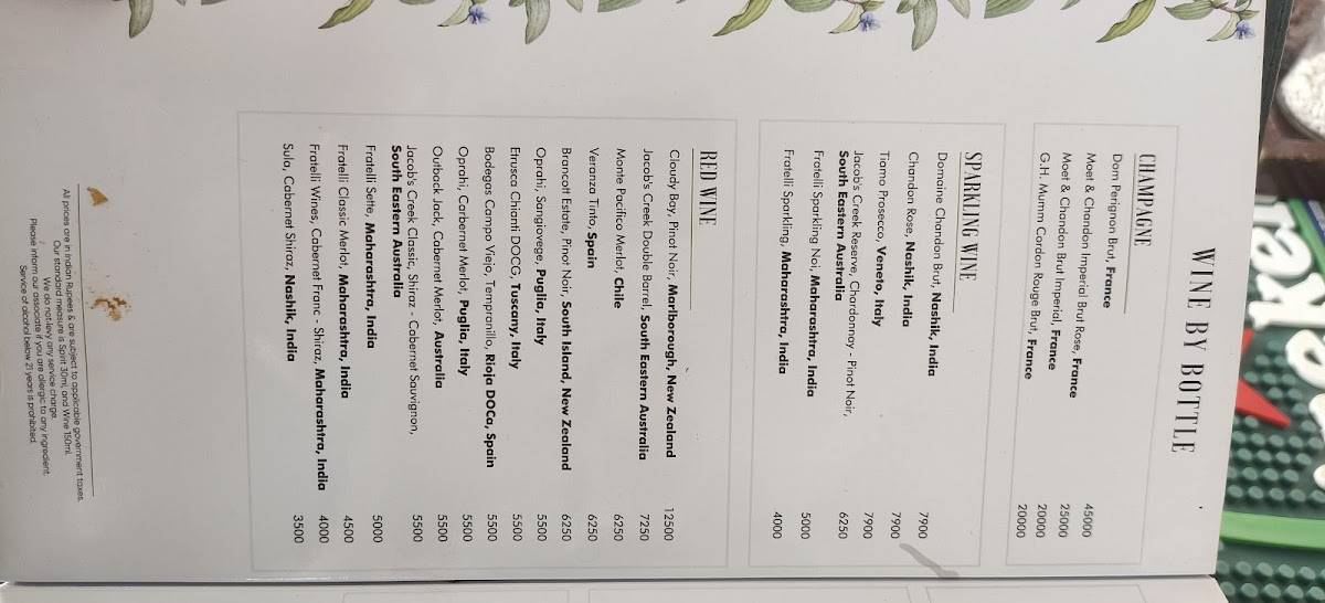 Sky Bar menu