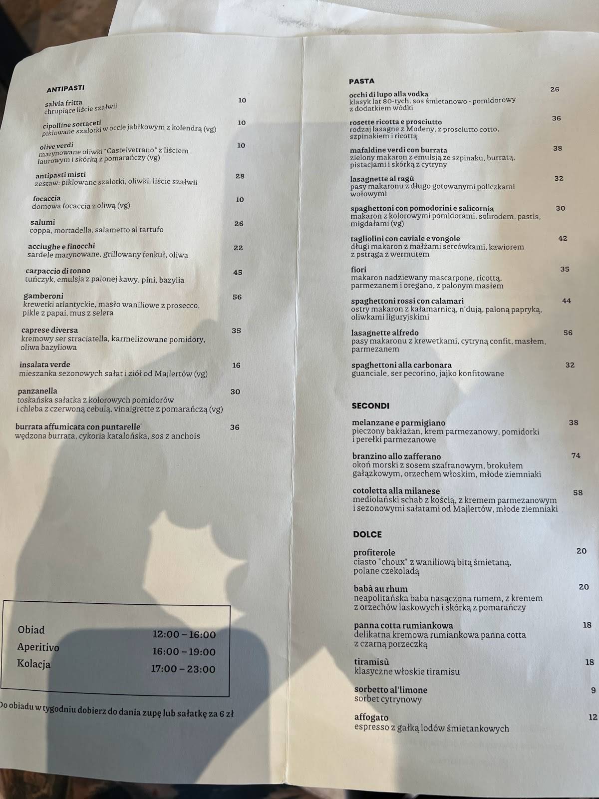 Menu at Lupo Pasta Fresca restaurant, Warsaw