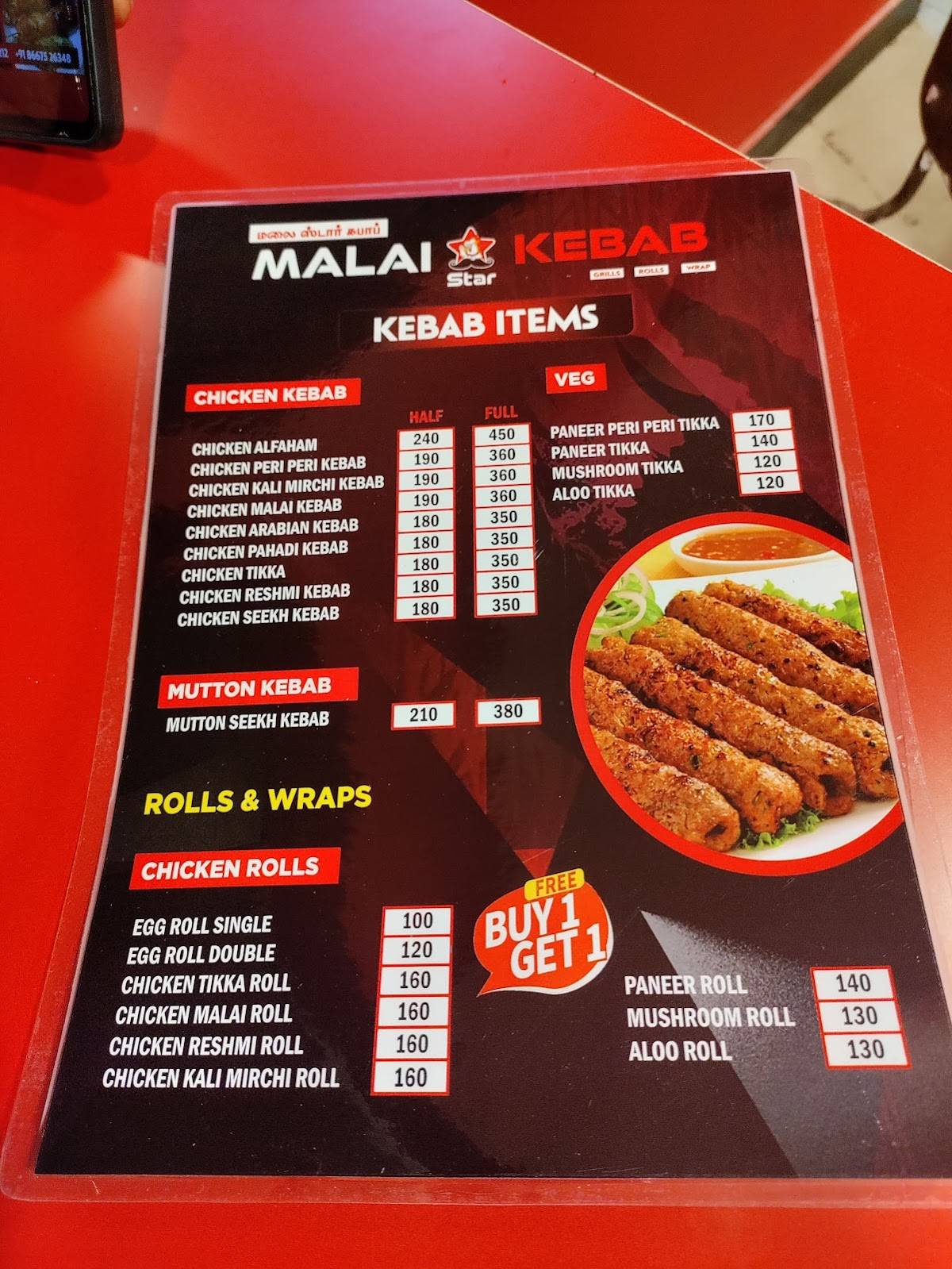 MALAI STAR KEBAB menu