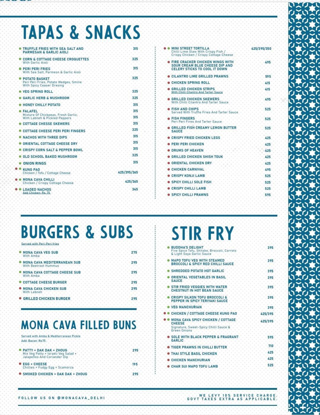 MONA CAVA CAFE AND PUB menu