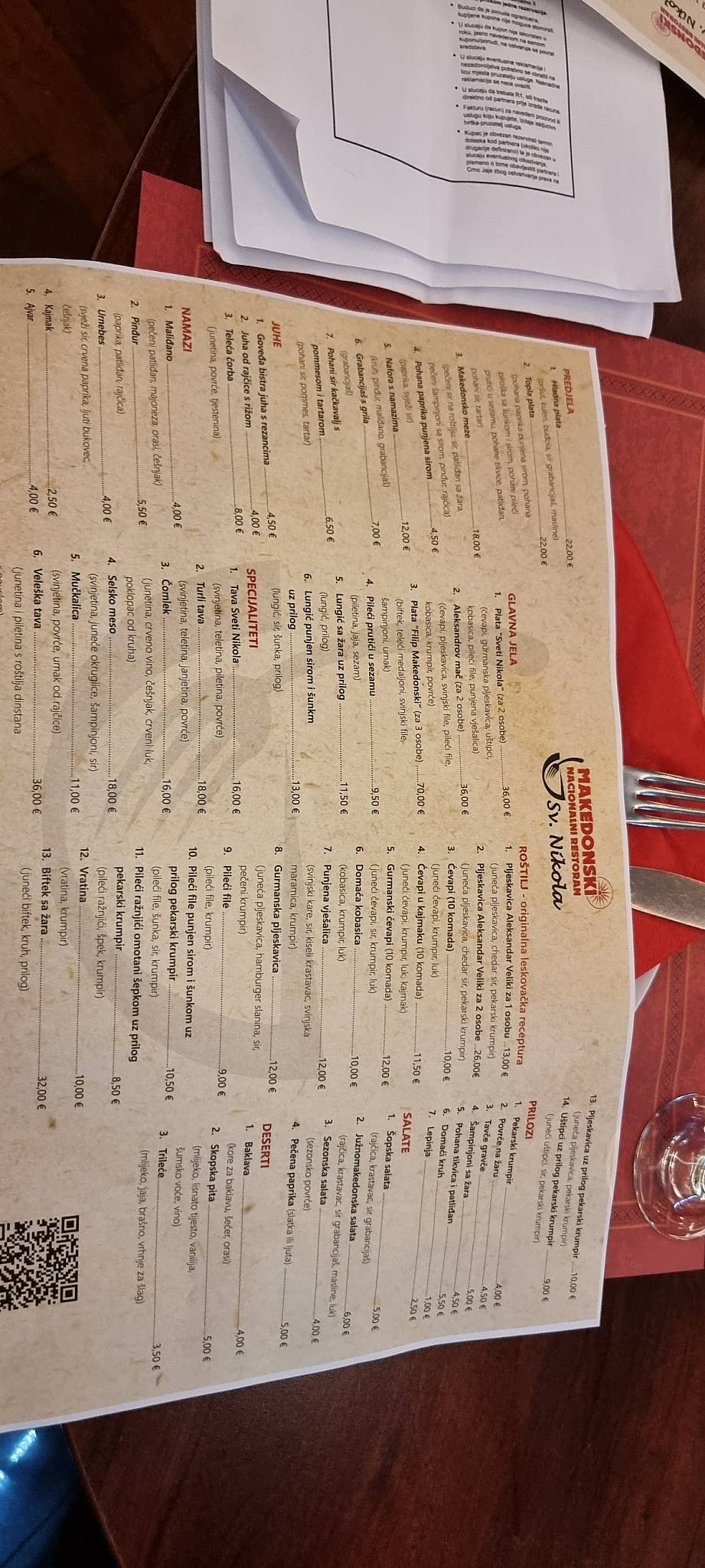 Menu di Makedonski nacionalni restoran Sv. Nikola 