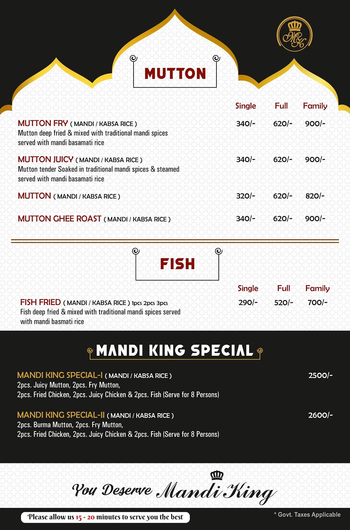 Mandi King Arabian Restaurant menu