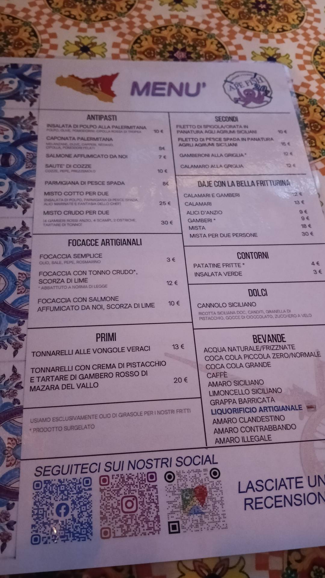 Menu di APEFISH 2.0 - Pesce e tradizione palermitana 