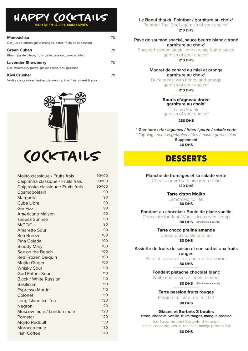 Menu de Pointbar Marrakech