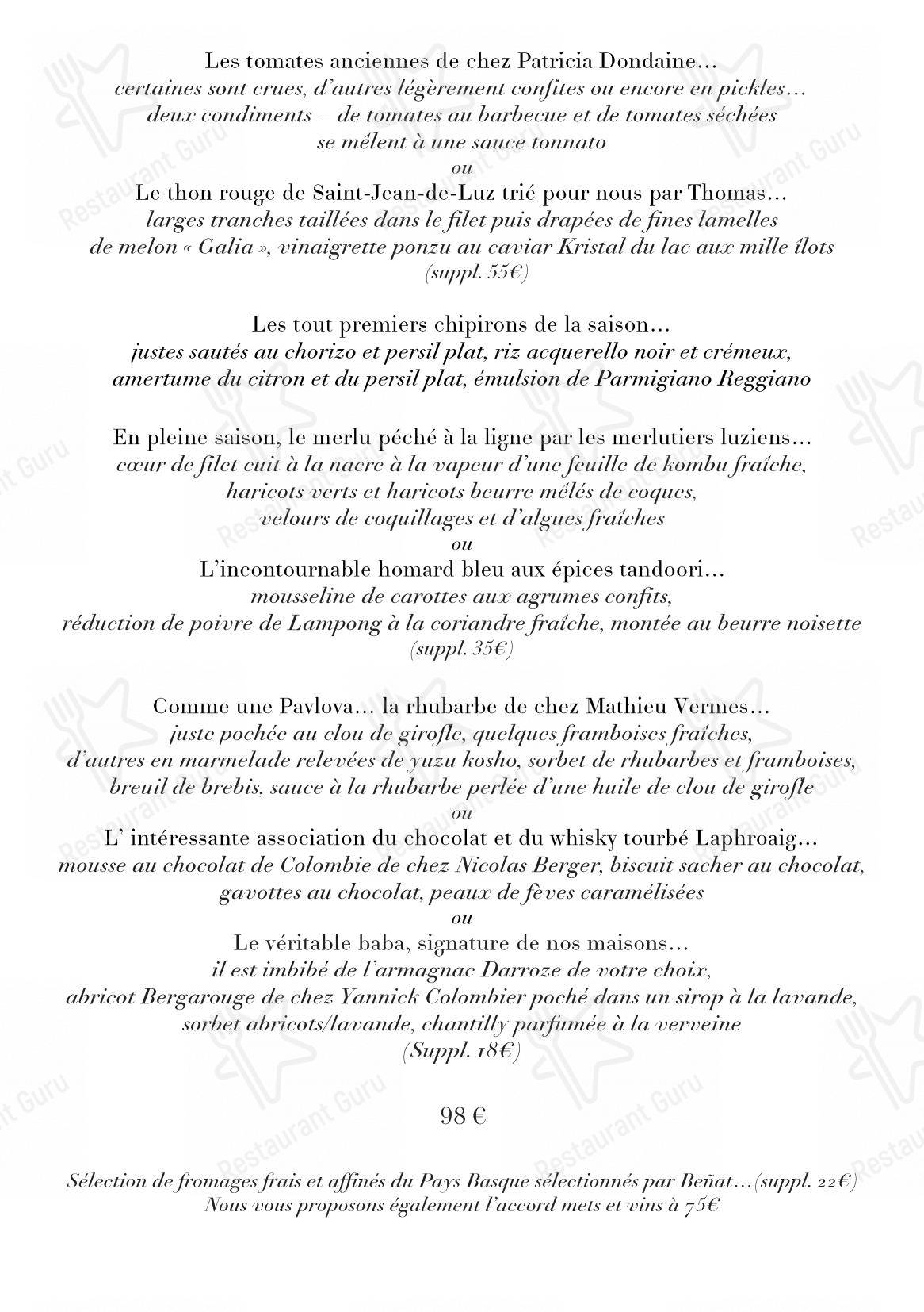 Menu bar pour Marsan par Hélène Darroze restaurant