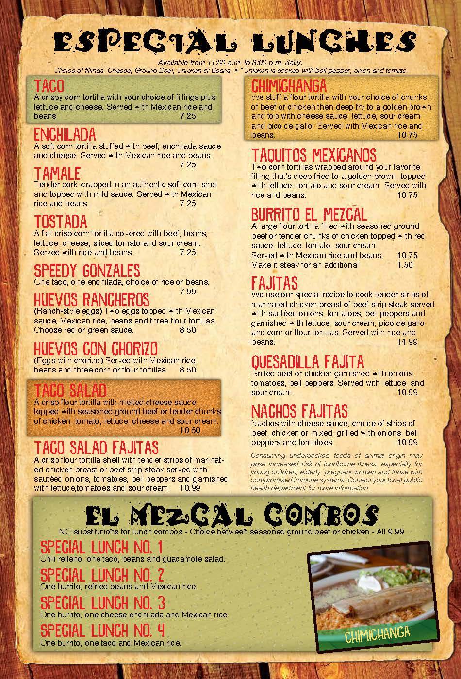 Menu at El Mezcal restaurant, Marshfield