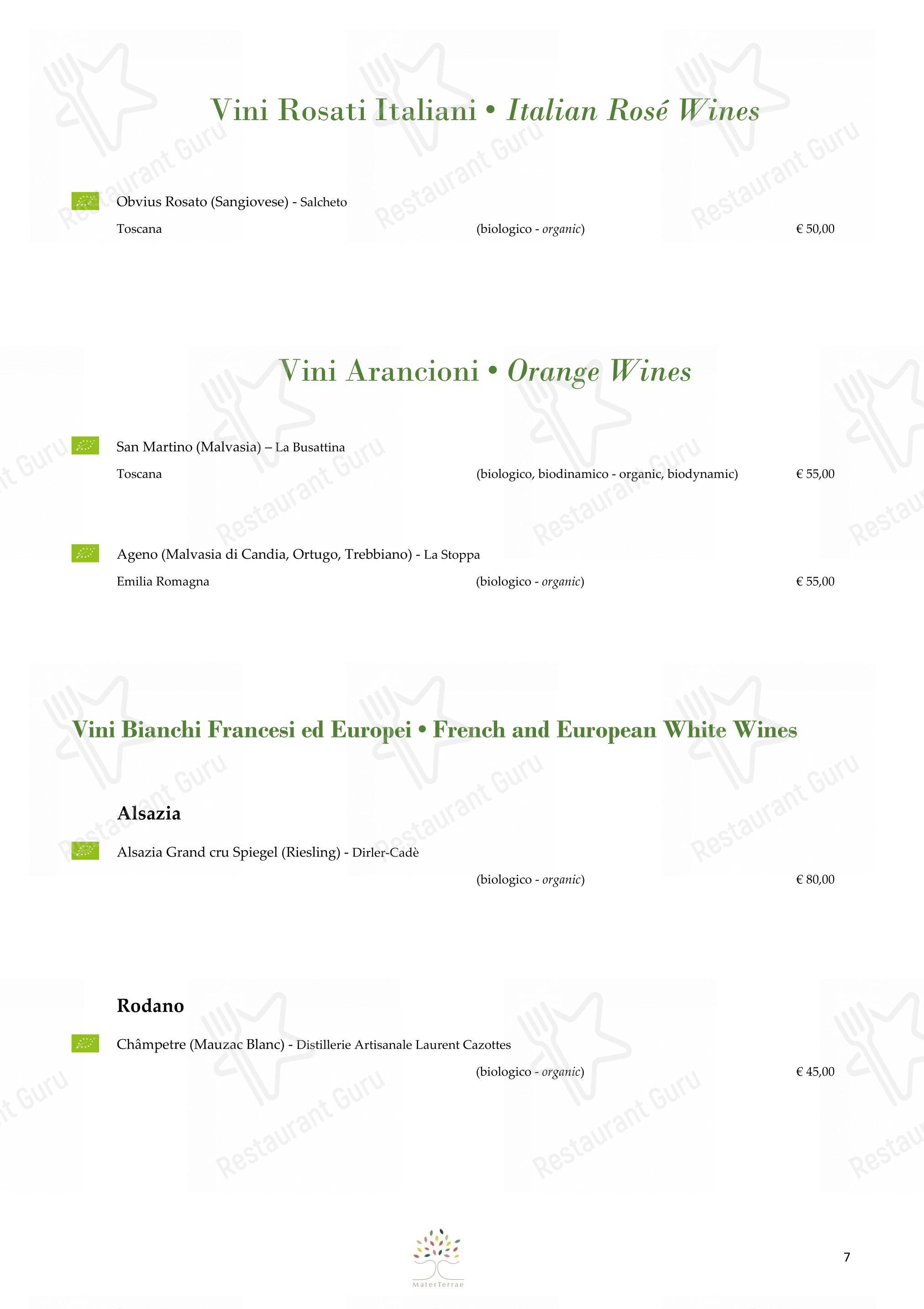 Wine Menu per Mater Terrae in Roma