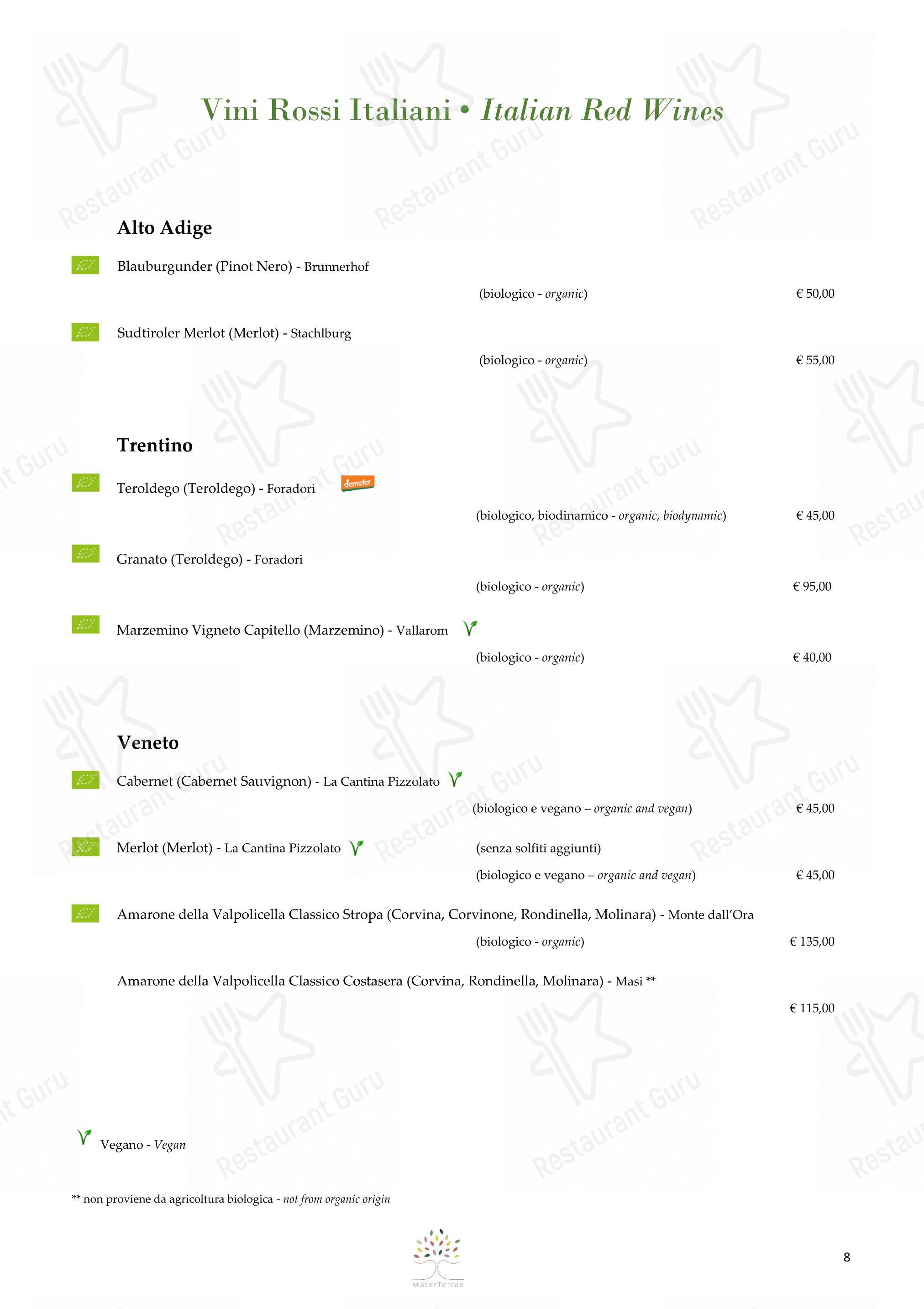 Menu di Mater Terrae - Wine Menu