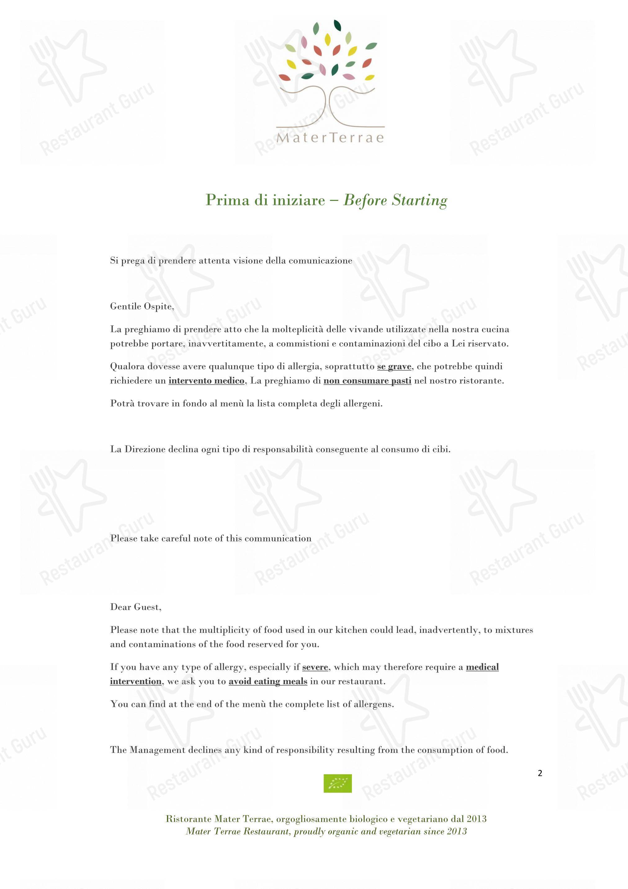 Takeaway Menu per Mater Terrae ristorante