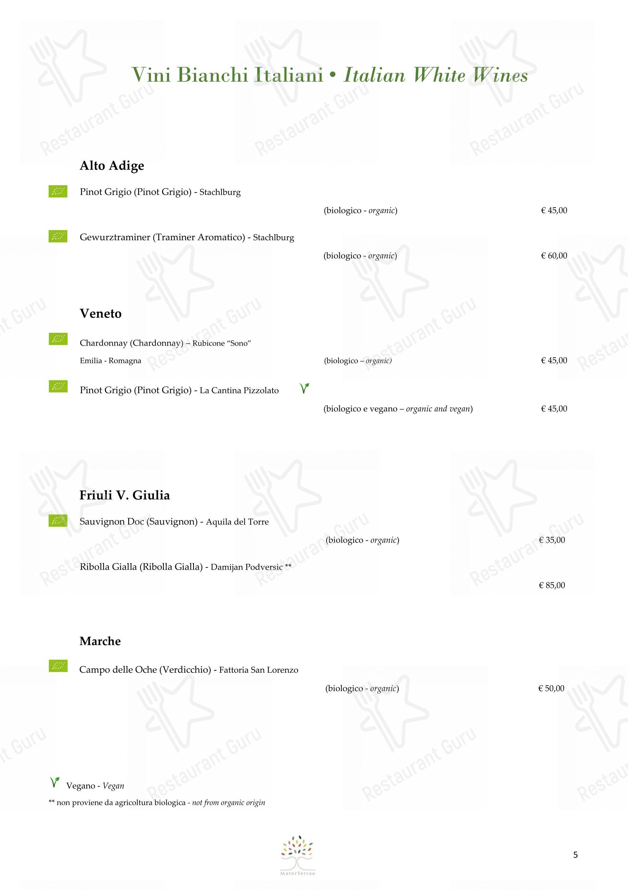 Menu di Mater Terrae - Wine Menu