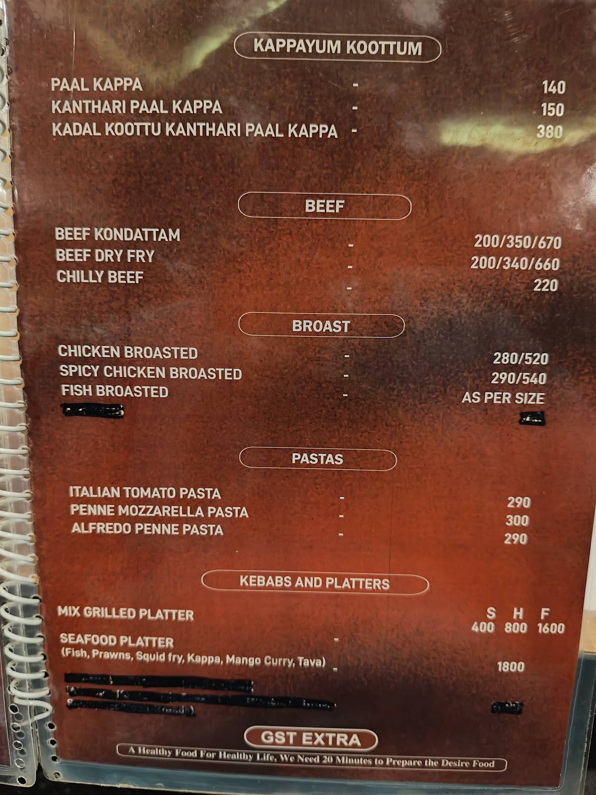 Mazali Restaurant, Perinthalmanna menu