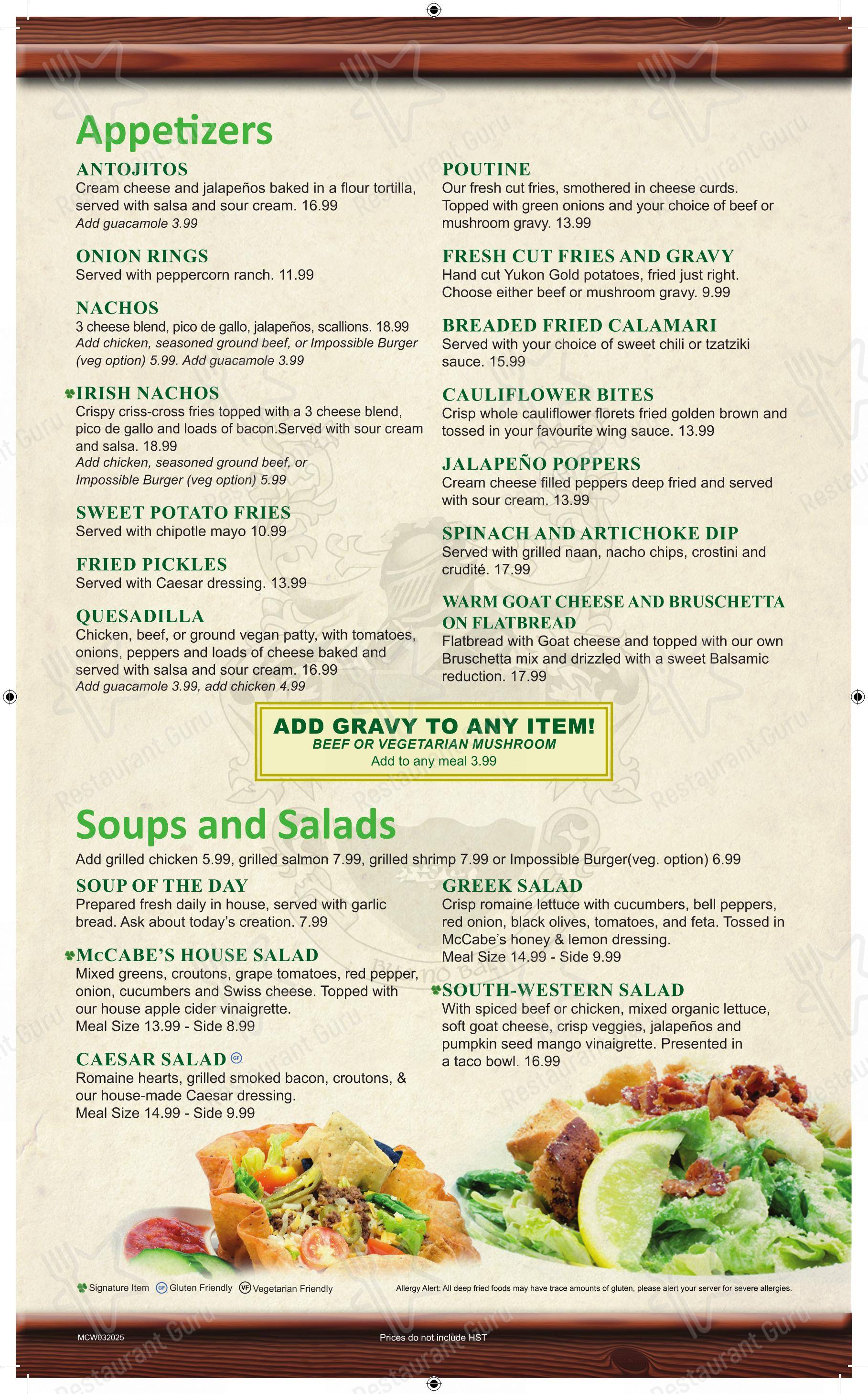 McCabe's Irish Pub & Grill dans Waterloo - Menu