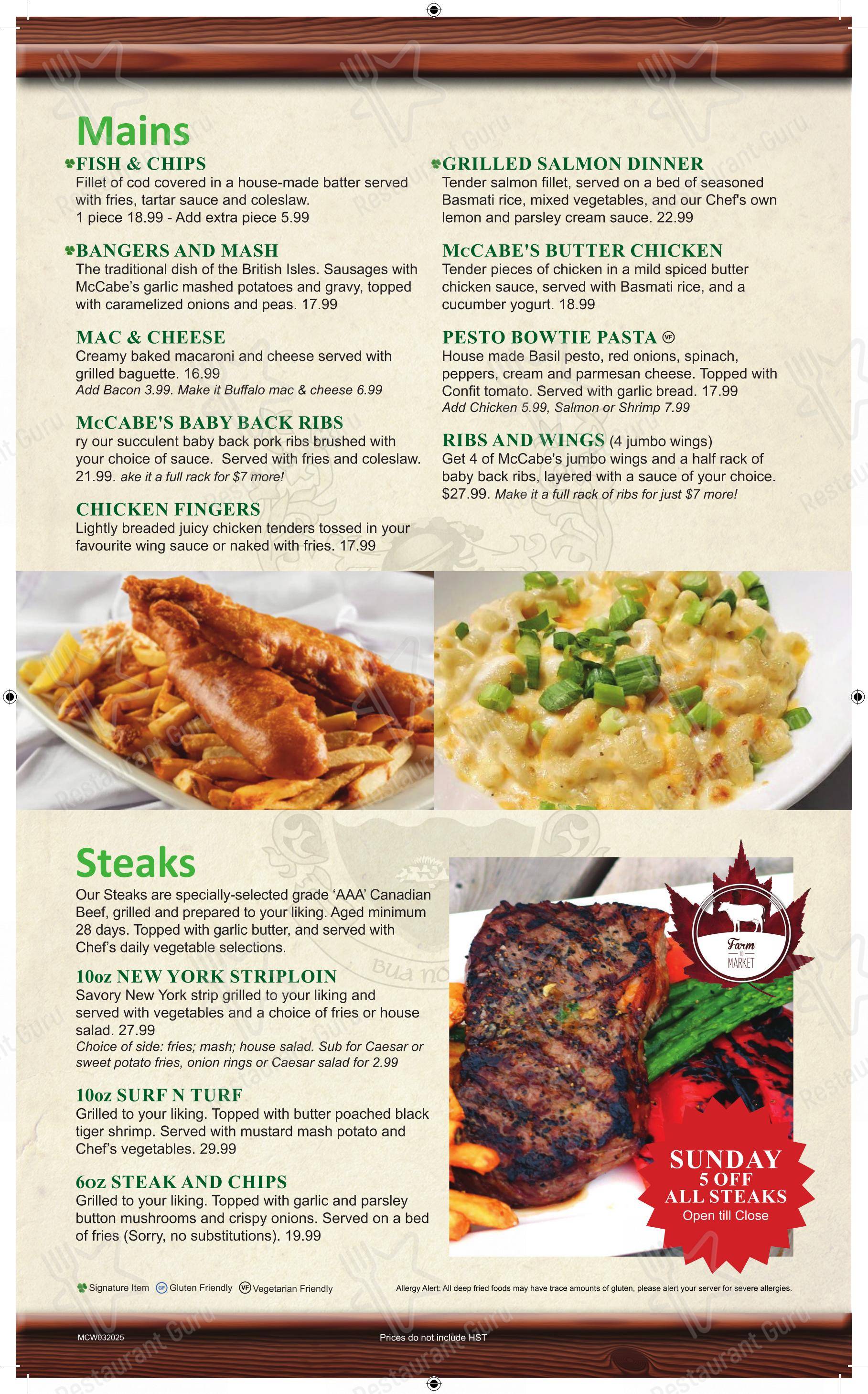 Menu pour McCabe's Irish Pub & Grill - Menu
