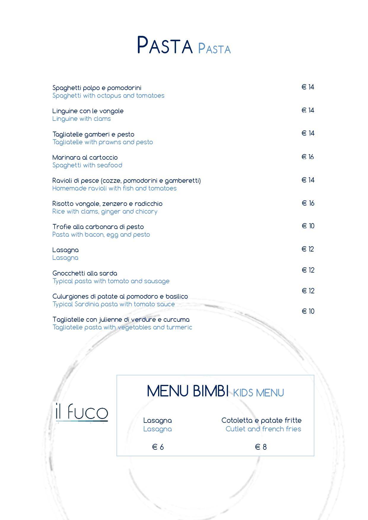 Menu di Hotel Meli 3 Stelle Fronte mare Castelsardo 