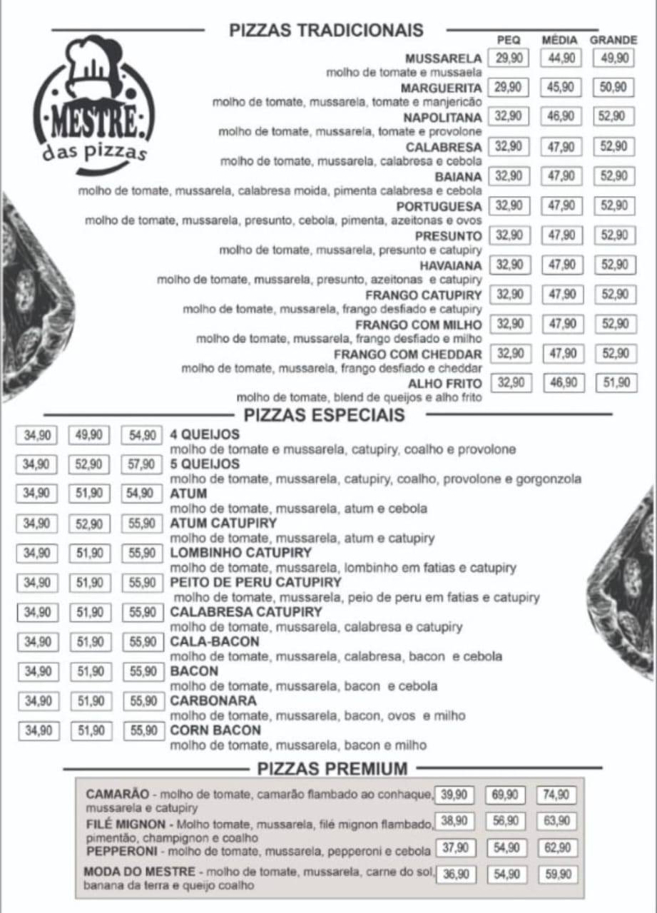Mestre das Pizzas cardápio