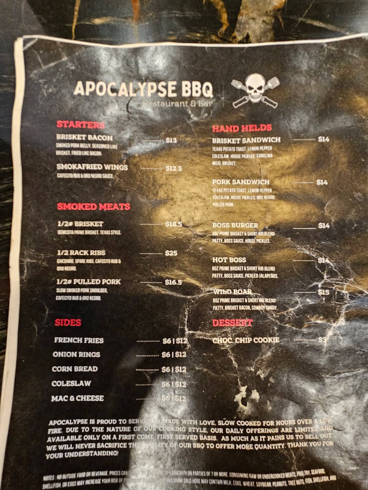 Menu at Apocalypse BBQ, Miami, SW 104th St