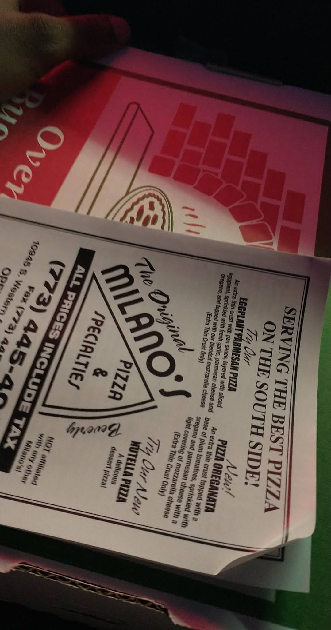 Menu at Milano's Pizza pizzeria, Chicago, S Western Ave