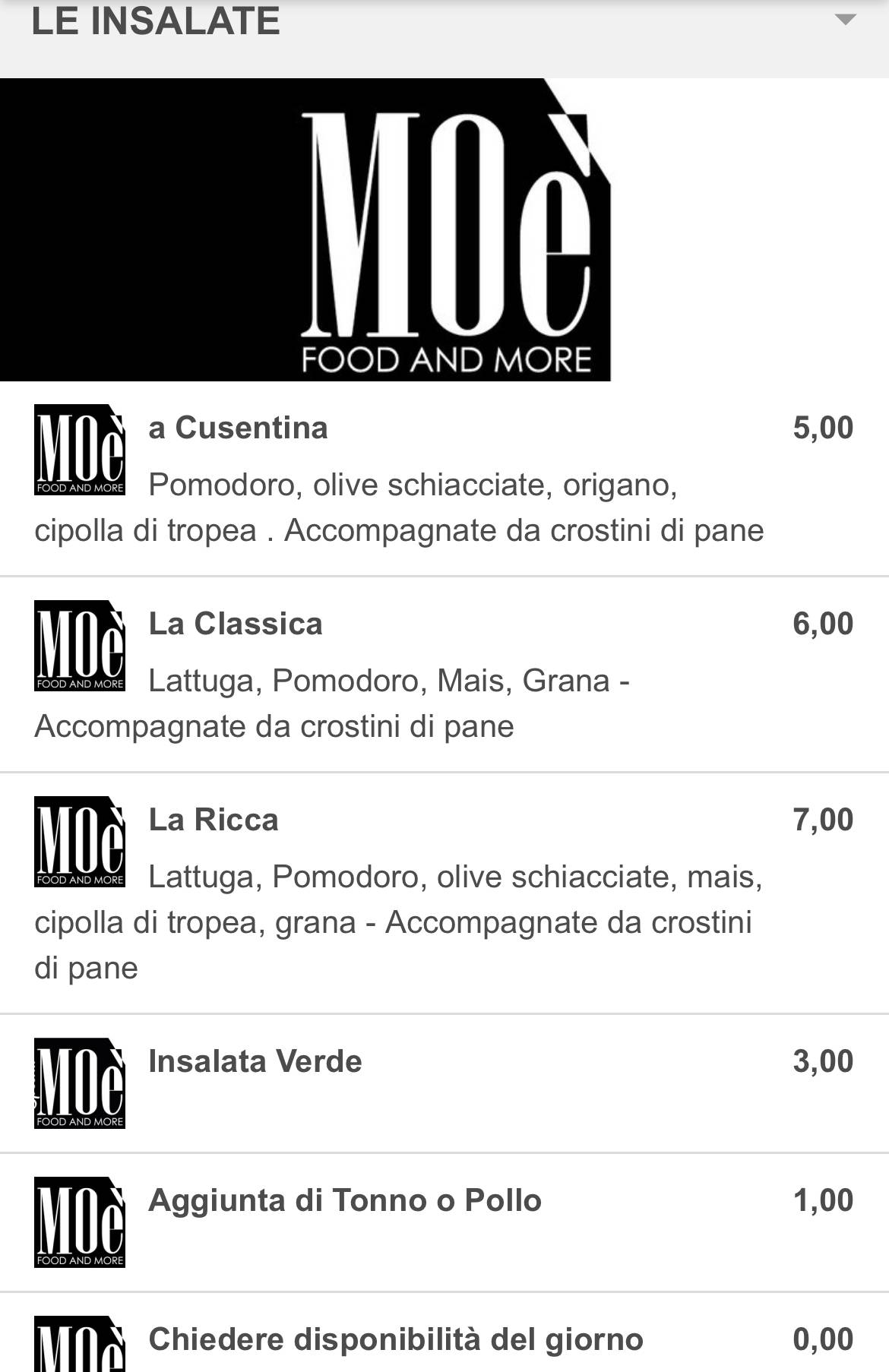 Menu di Moè cucina tipica calabrese 