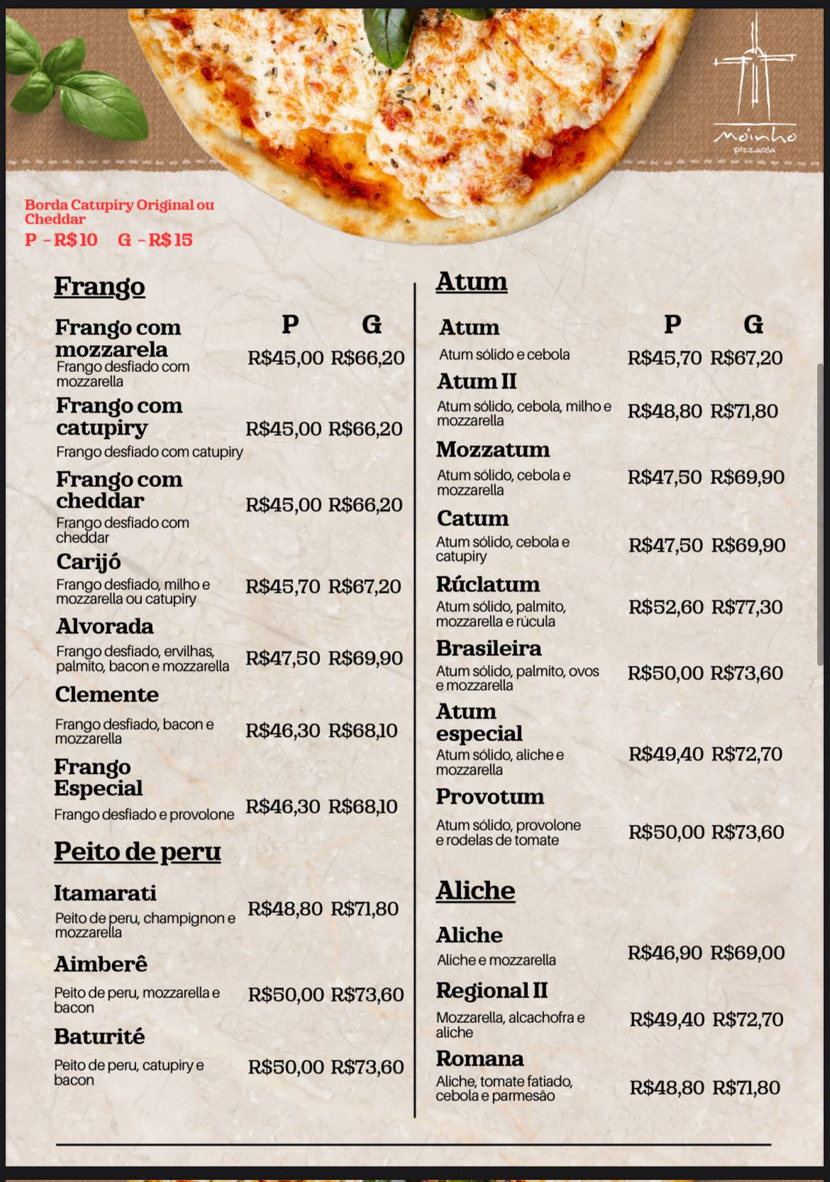 Moinho Pizzaria cardápio