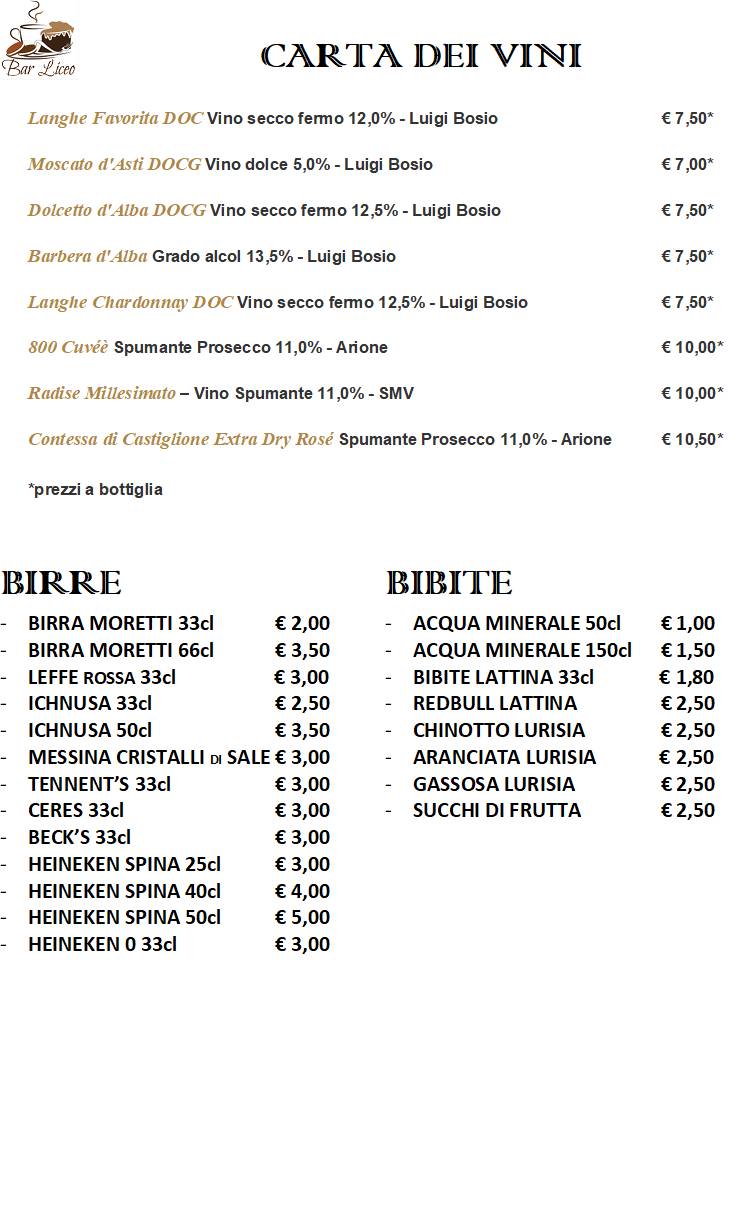 Menu di Caffetteria Bar Liceo 