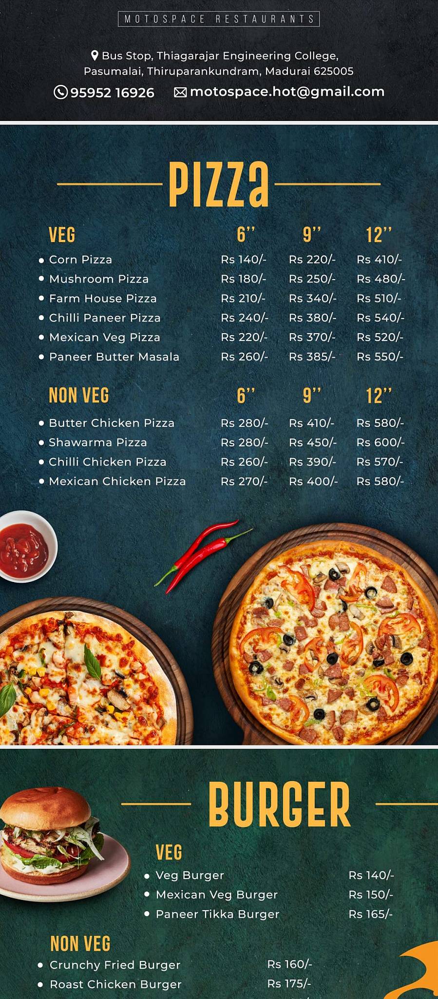 Moto Space Restaurant & party Hall A/C menu