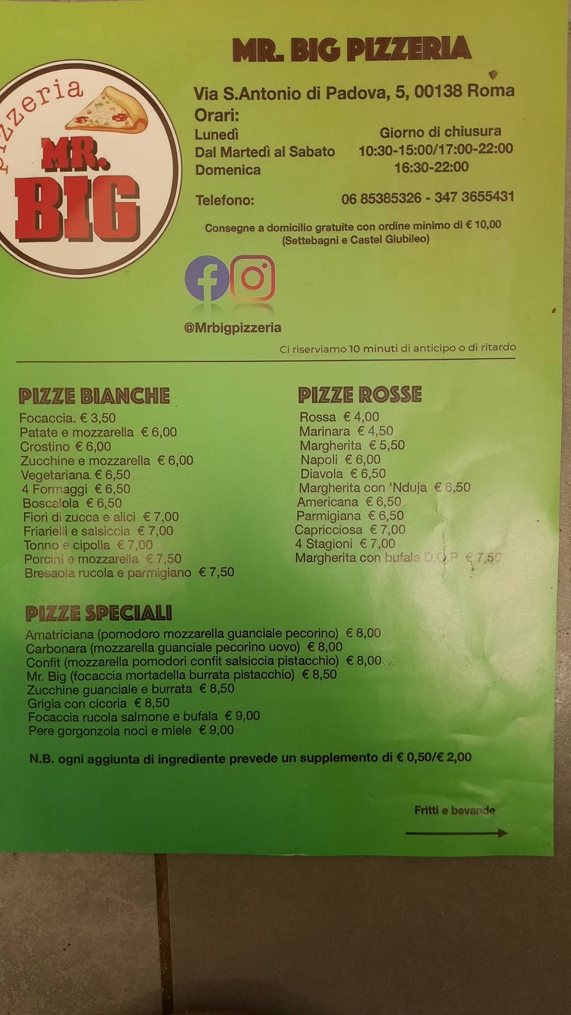 Menu di Mr. BIG PIZZERIA 