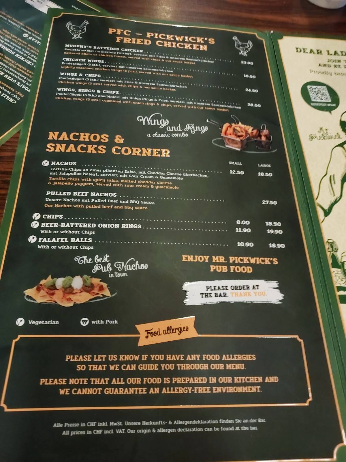 Menu di Mr. Pickwick Pub Zug 