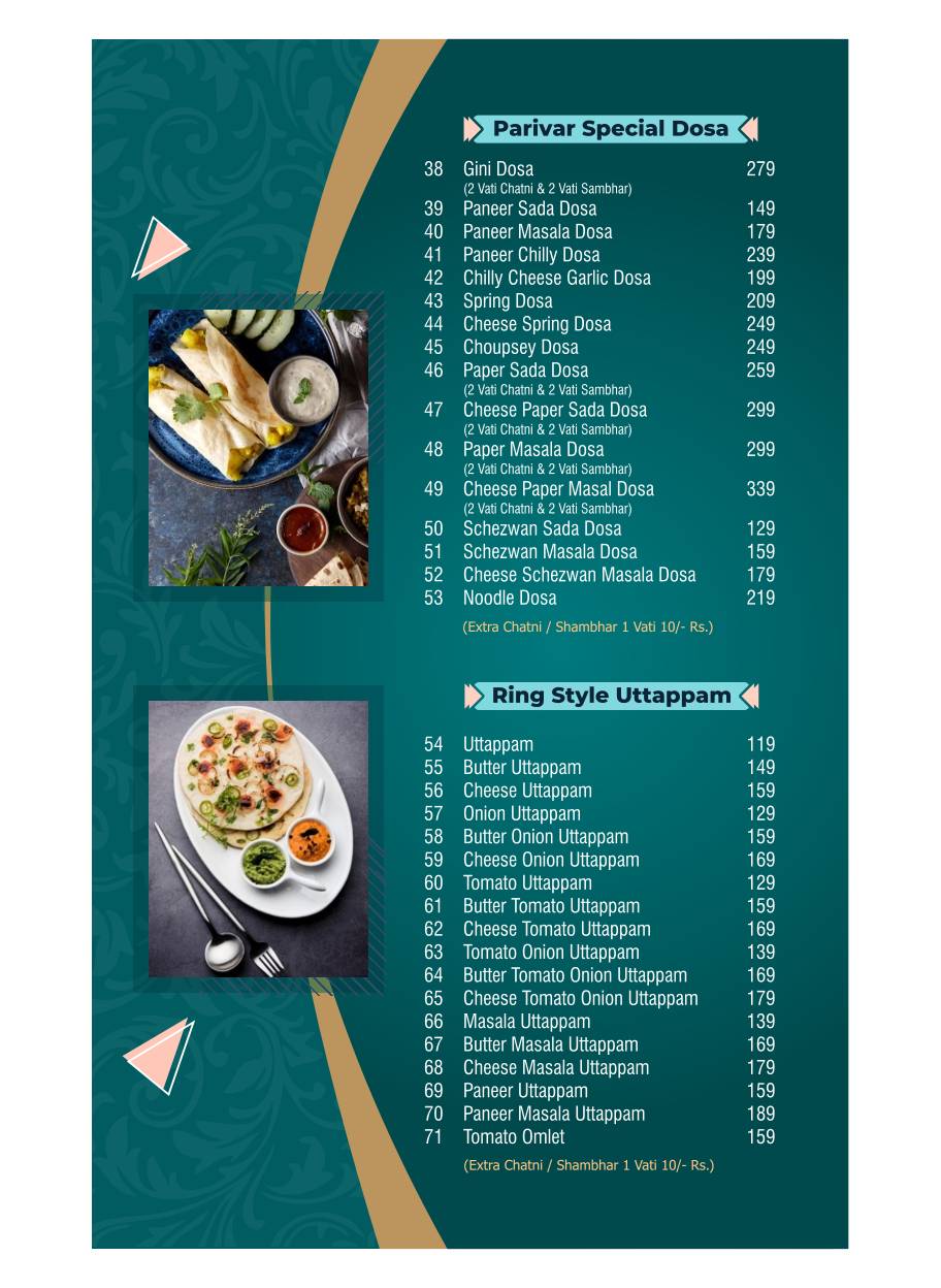 Parivar Veg Restaurant Best family Restaurant menu