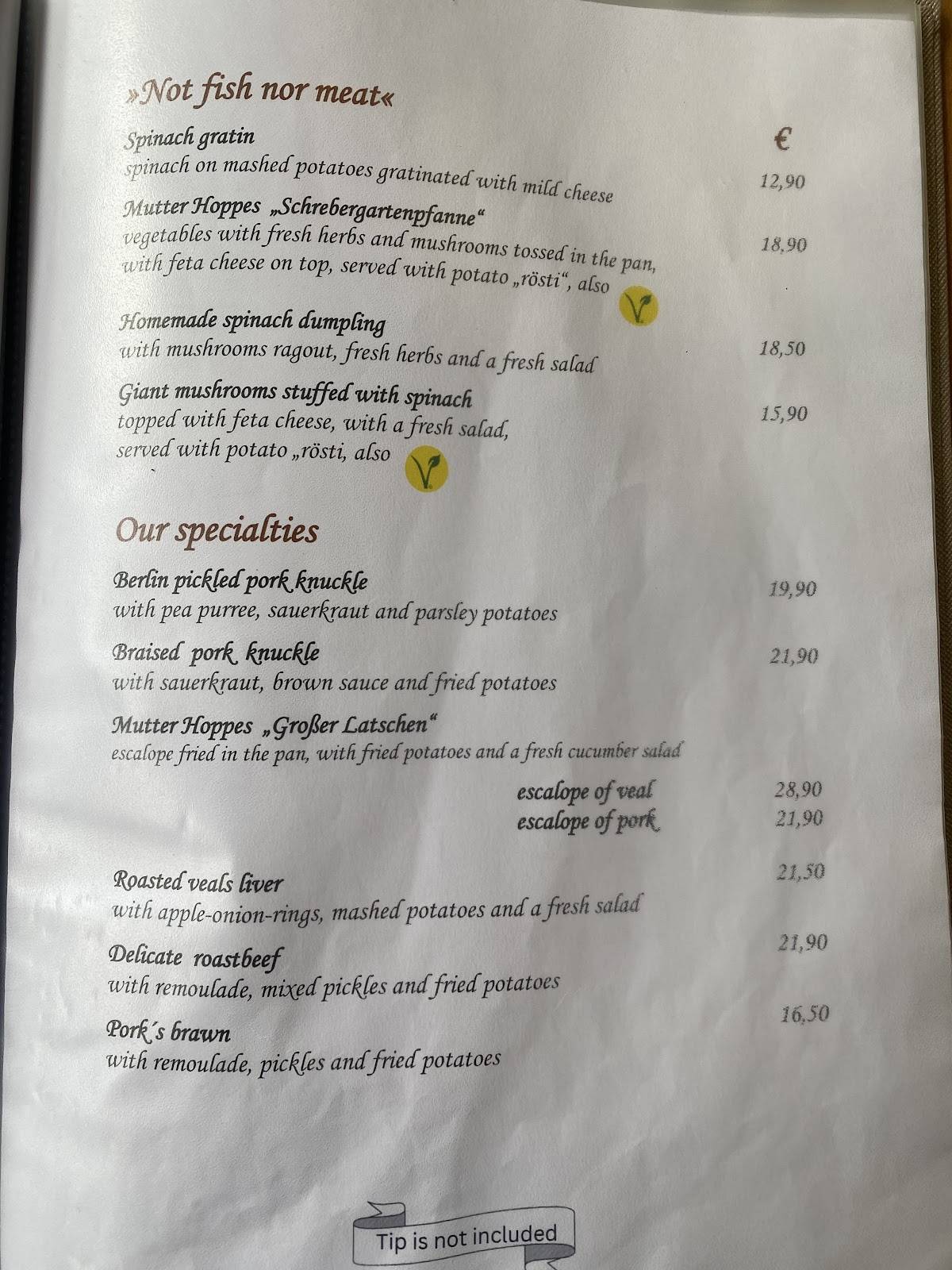 Menu de Gasthaus Mutter Hoppe